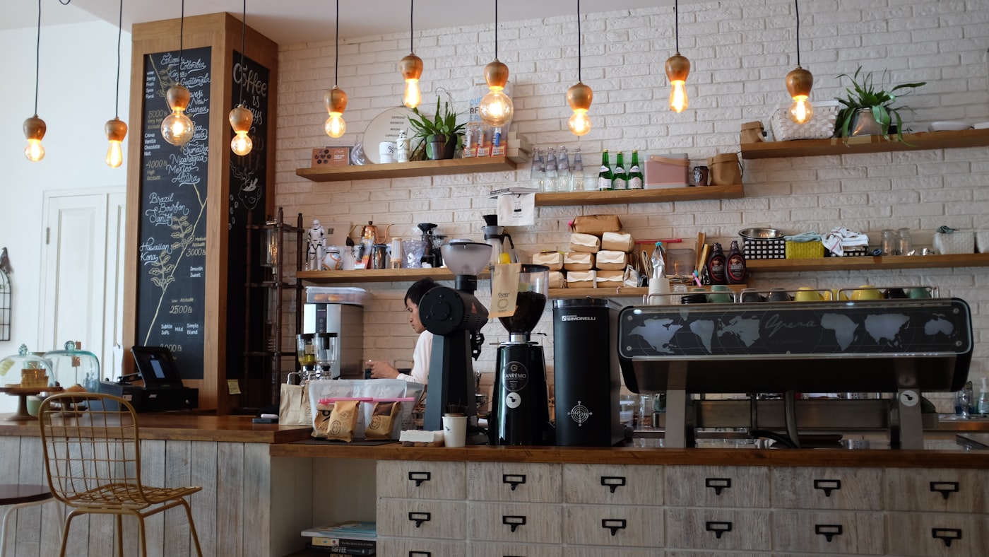 Warm cafe interior with morning light